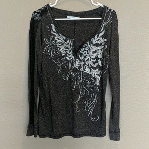 Maurice's Misses Embellished Lace Sleeve Tee L
